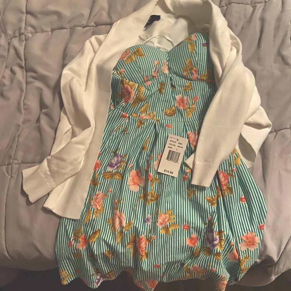 Striped floral dress and white cardigan